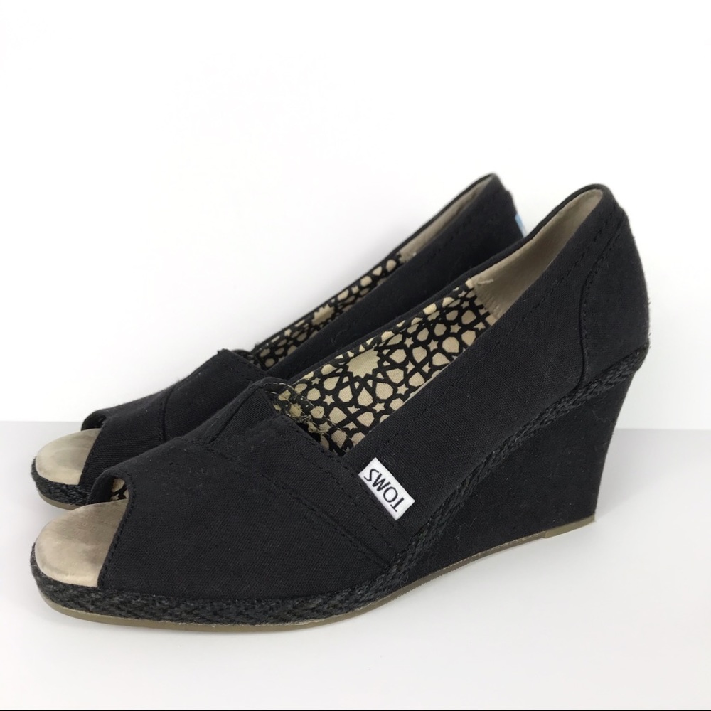 Toms Calypso Black Canvas Peep Toe Comfort Wedges